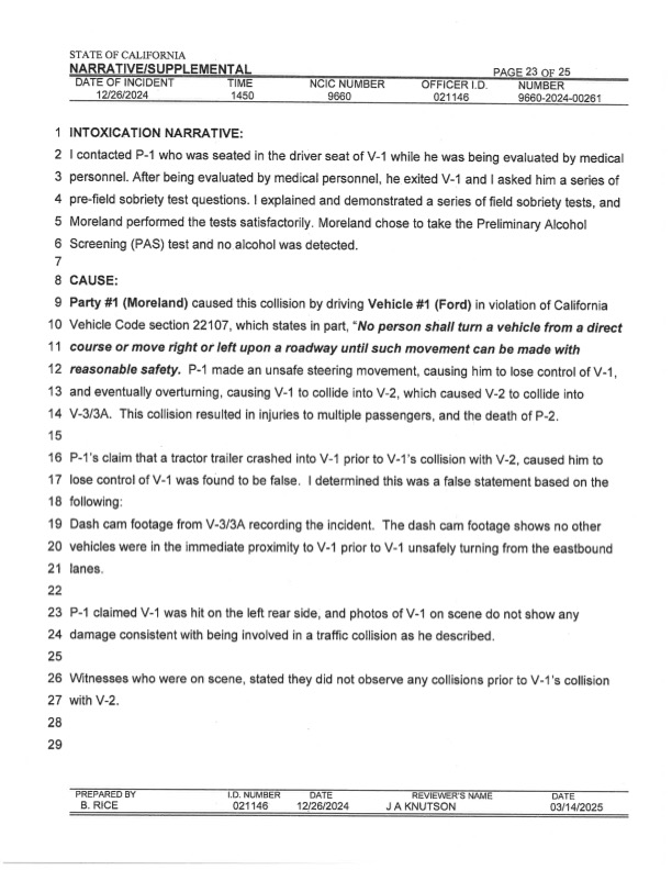 CHP Collision Report - Page 23 showing official determination that Moreland's claim was false
