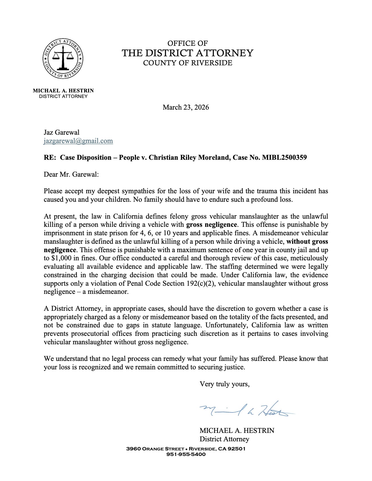 Case Disposition Letter from Riverside County District Attorney Mike Hestrin, dated March 23, 2026, confirming that California law prevented a felony charge in the death of Yui Umehara-Garewal